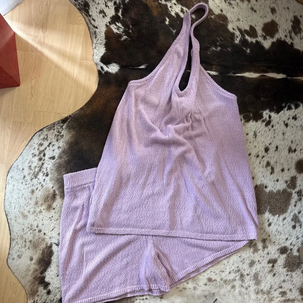 FREE PEOPLE BEACH Phia sweater set Blush Lilac Matching Open Back Halter Size L‎